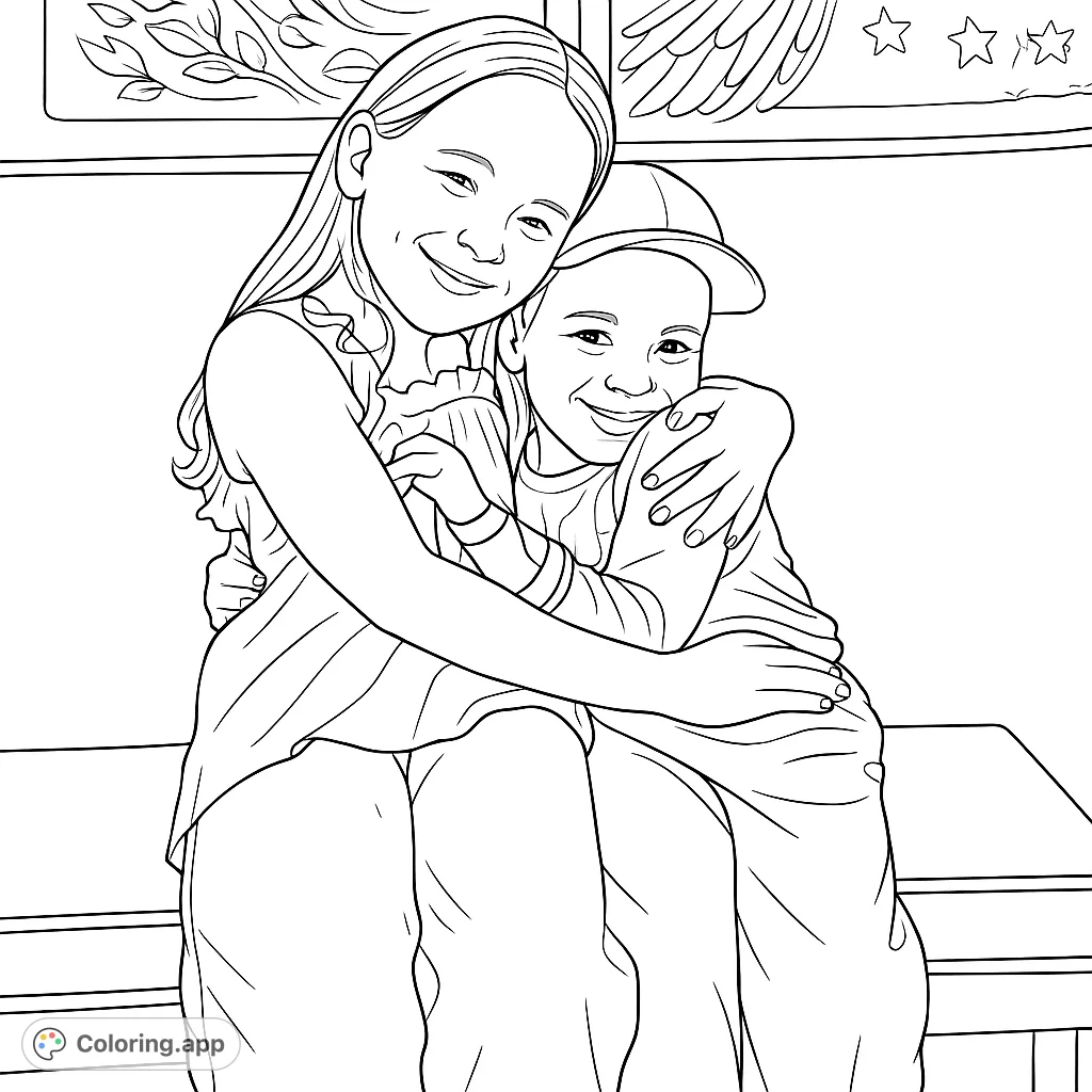 Capture a heartwarming moment of two children hugging, perfect for celebrating friendship and family bonds. A delightful, free printable coloring page.