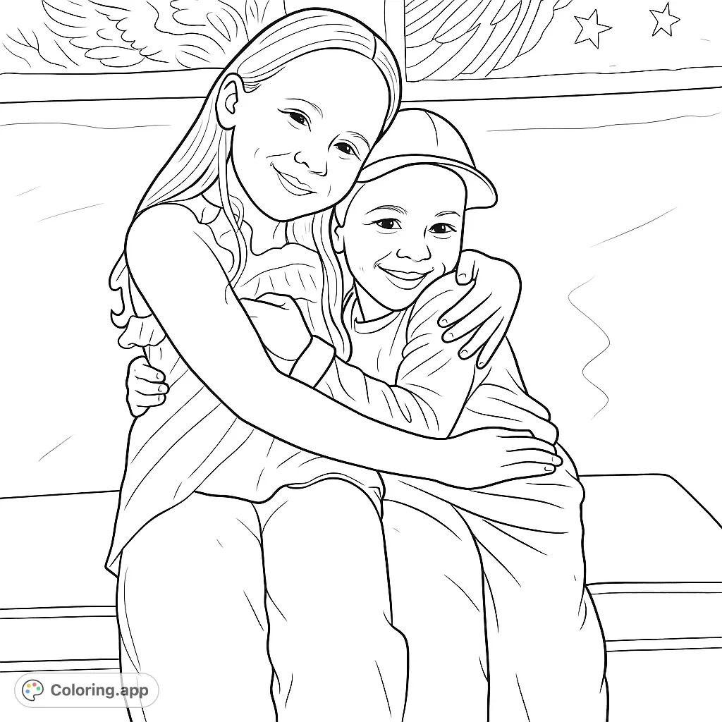 A heartwarming scene of two smiling children sharing a loving embrace, seated on a bench with a decorative wall panel background. Perfect for spreading joy.