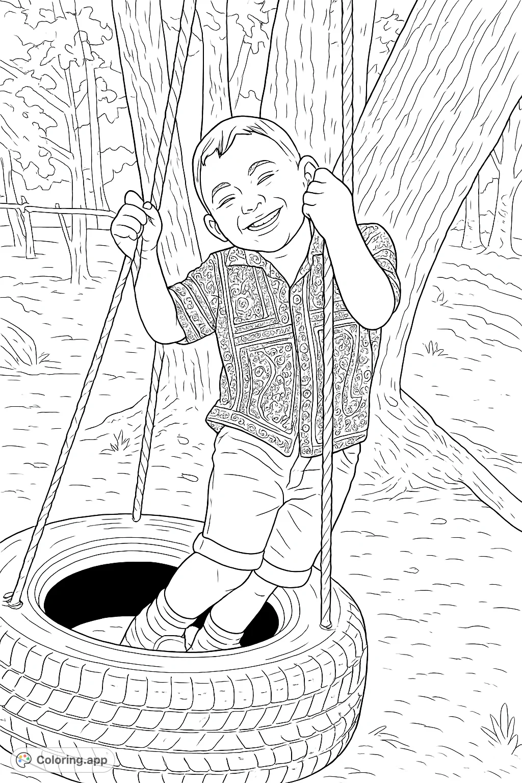 Capture the happiness of a child on a tire swing! This detailed coloring page features a smiling boy on a rustic swing amidst a natural setting.