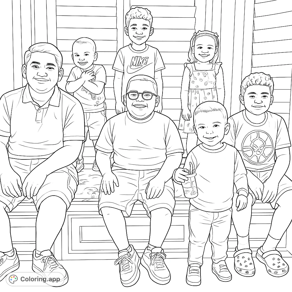 Capture the joy of seven children in a delightful group portrait. A fun family coloring page for all ages to enjoy.