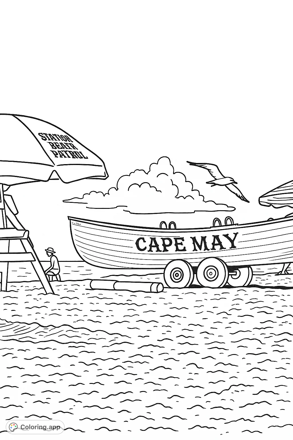Capture the vibrant energy of Cape May Beach with this detailed coloring page featuring a lifeguard boat, stand, and beach umbrellas under a vast sky. Perfect for all ages!