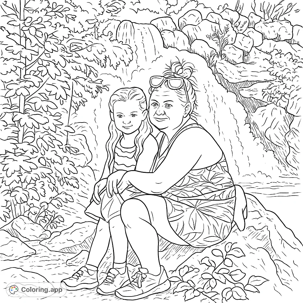 Capture a serene family moment at a beautiful waterfall. This lovely scene features a woman and child amidst lush foliage and cascading water, perfect for relaxation.