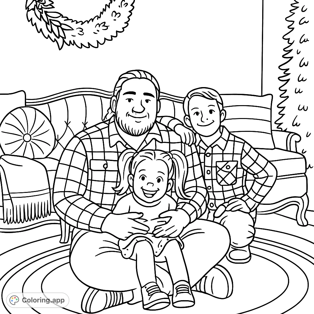 A heartwarming family coloring page featuring a parent and two children in a cozy, festive setting with patterned clothes and decorations. Free printable family coloring page.