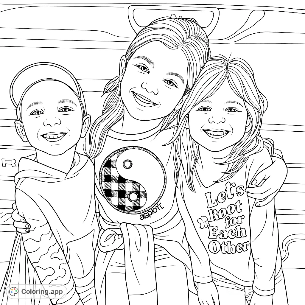 A heartwarming scene of three smiling children, two girls and a boy, embracing each other in a group hug. Perfect for family, friendship, and positive themes.