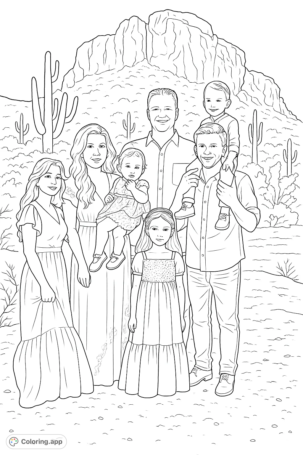 A detailed family portrait set against a scenic desert backdrop with saguaro cacti and a grand mountain. Perfect for a family coloring page experience.