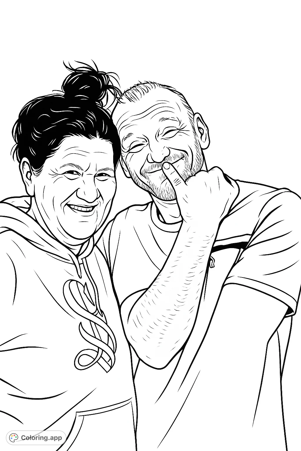 A joyful portrait of two people making funny faces. Features a man playfully touching his nose and a smiling woman, perfect for a fun, casual coloring session.