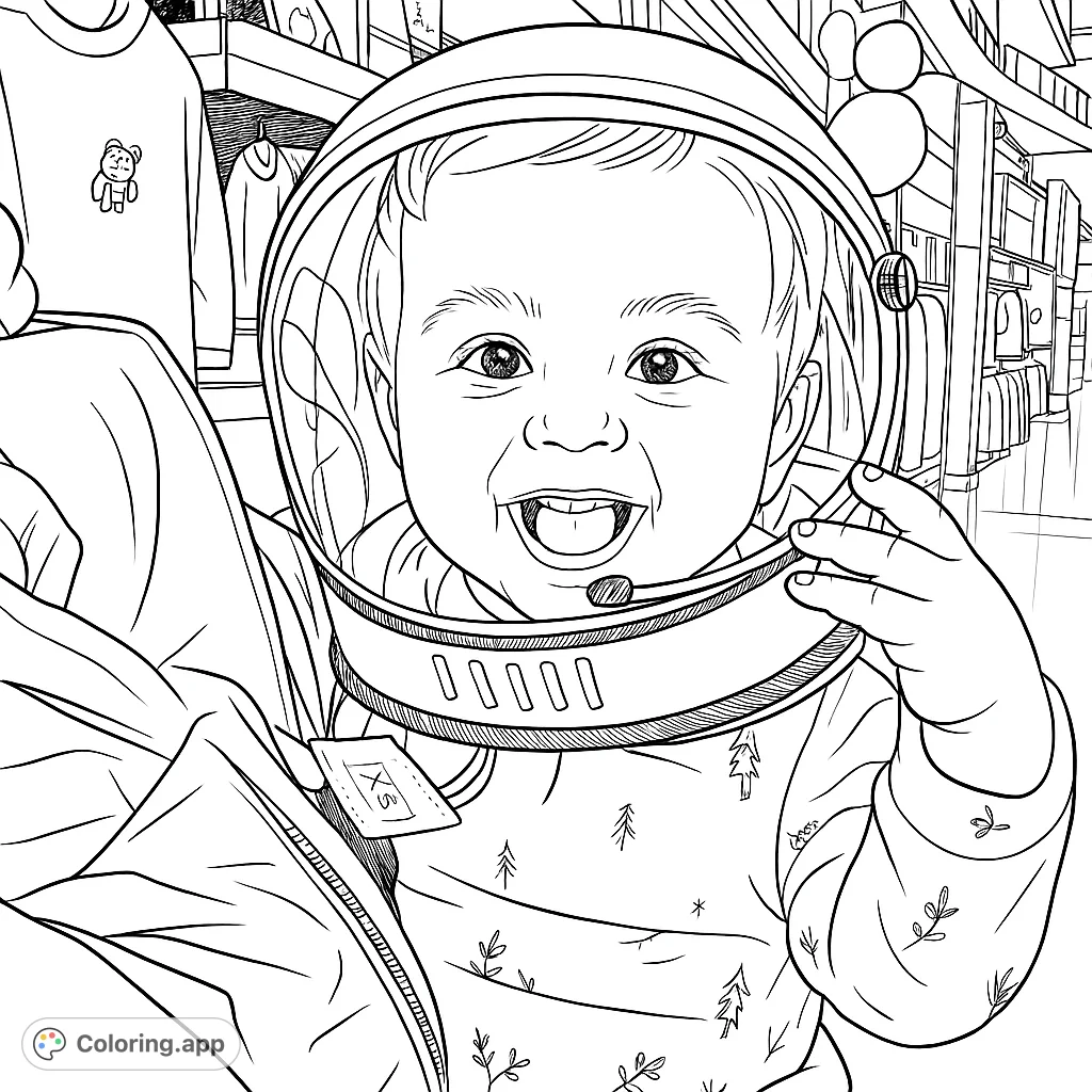 A heartwarming baby in an astronaut helmet, featuring a big smile and reaching hand. An adorable space exploration coloring page for all ages.