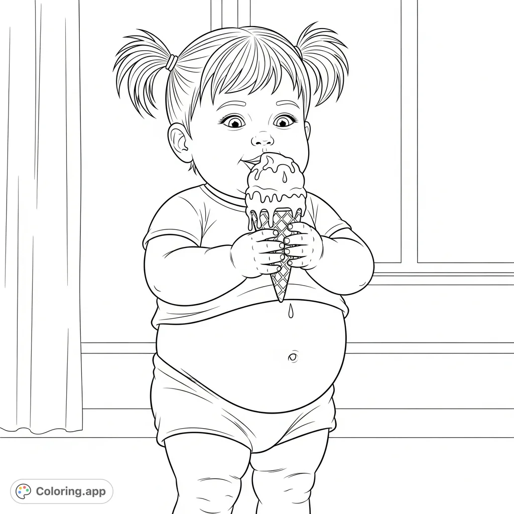 A delightful free printable toddler girl coloring page featuring a chubby toddler with pigtails enjoying a melting ice cream cone, with her adorable belly peeking out. Perfect for kids!