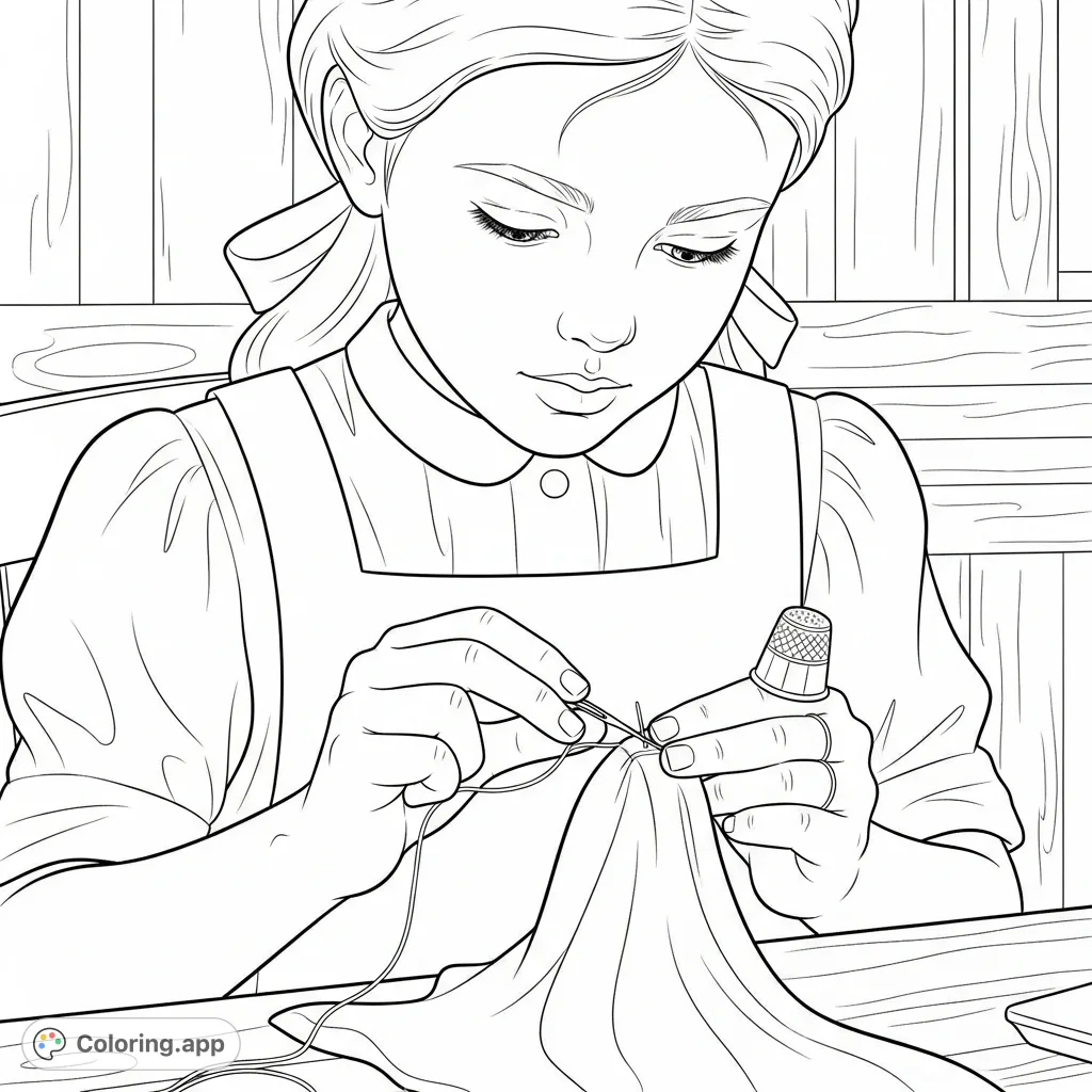 Discover a charming prairie-era child deeply focused on sewing in this detailed coloring page. Perfect for historical themes and mindful coloring.