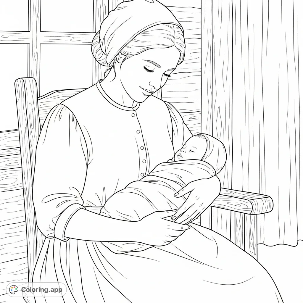 A heartwarming prairie scene featuring a mother tenderly holding her baby. A glimpse into simpler times for a comforting coloring experience.