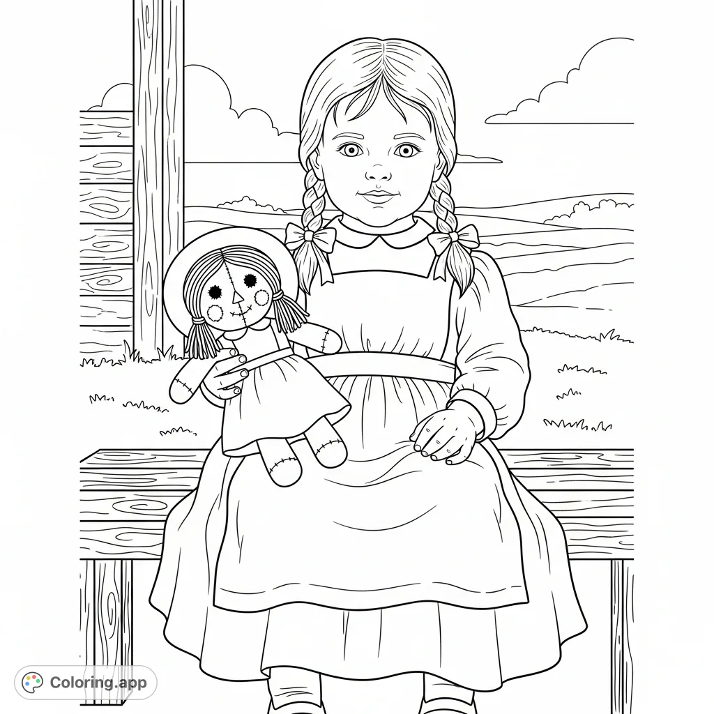 A heartwarming prairie toddler coloring page, featuring a two-year-old holding her beloved rag doll, perfect for nostalgic and detailed coloring.