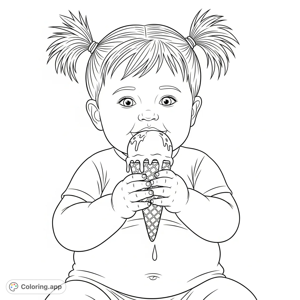 A charming toddler enjoys a melting ice cream cone, with pigtails and a visible tummy. A delightful and relatable scene for kids and parents alike.