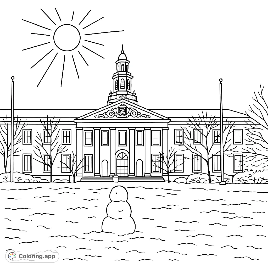 Color a serene winter campus scene featuring a grand architectural building, a playful snowman, and snow-covered trees under a bright sky.
