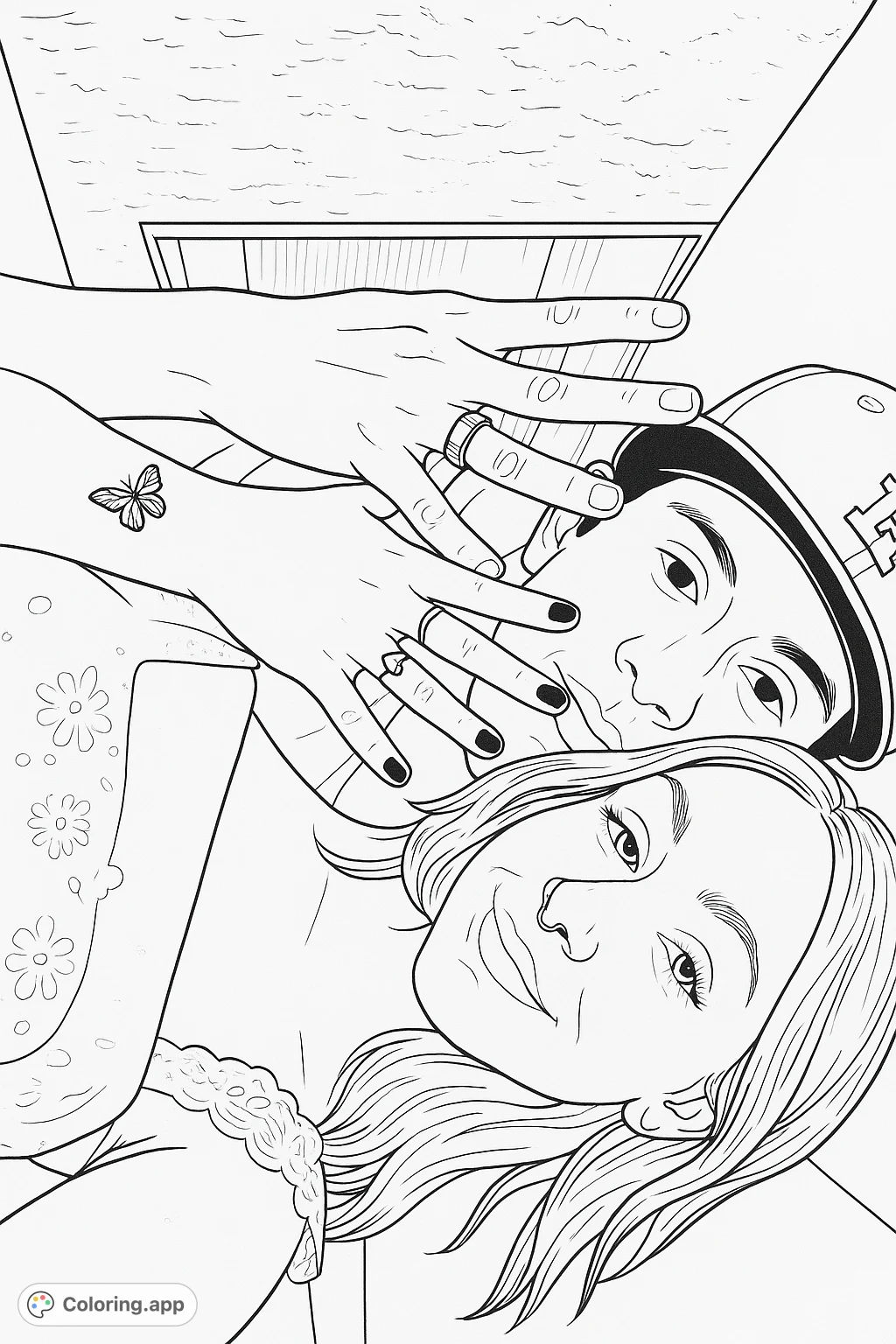 Capture the warmth of a close embrace with this couple portrait coloring page. Features intricate details of intertwined hands, expressive faces, and accessories.