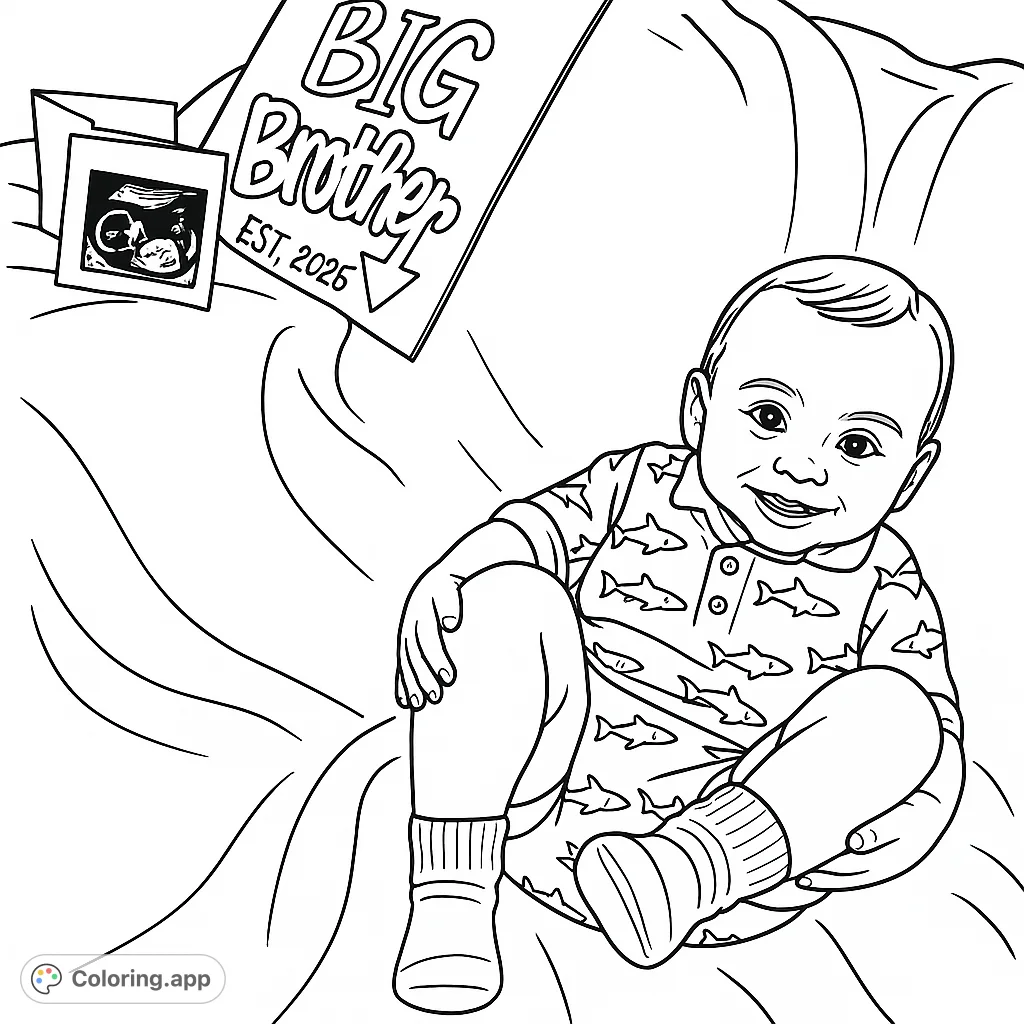 Celebrate a new arrival with this endearing big brother announcement coloring page. A smiling toddler shares exciting news on a cozy blanket with ultrasound images.