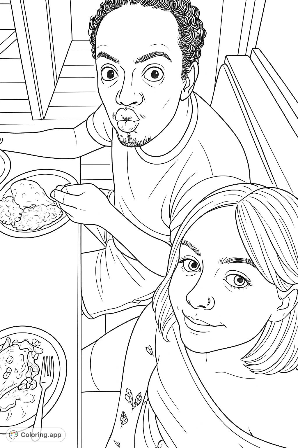 Capture a lively diner moment with two expressive individuals enjoying their meals. This fun coloring page features detailed food and engaging facial expressions.