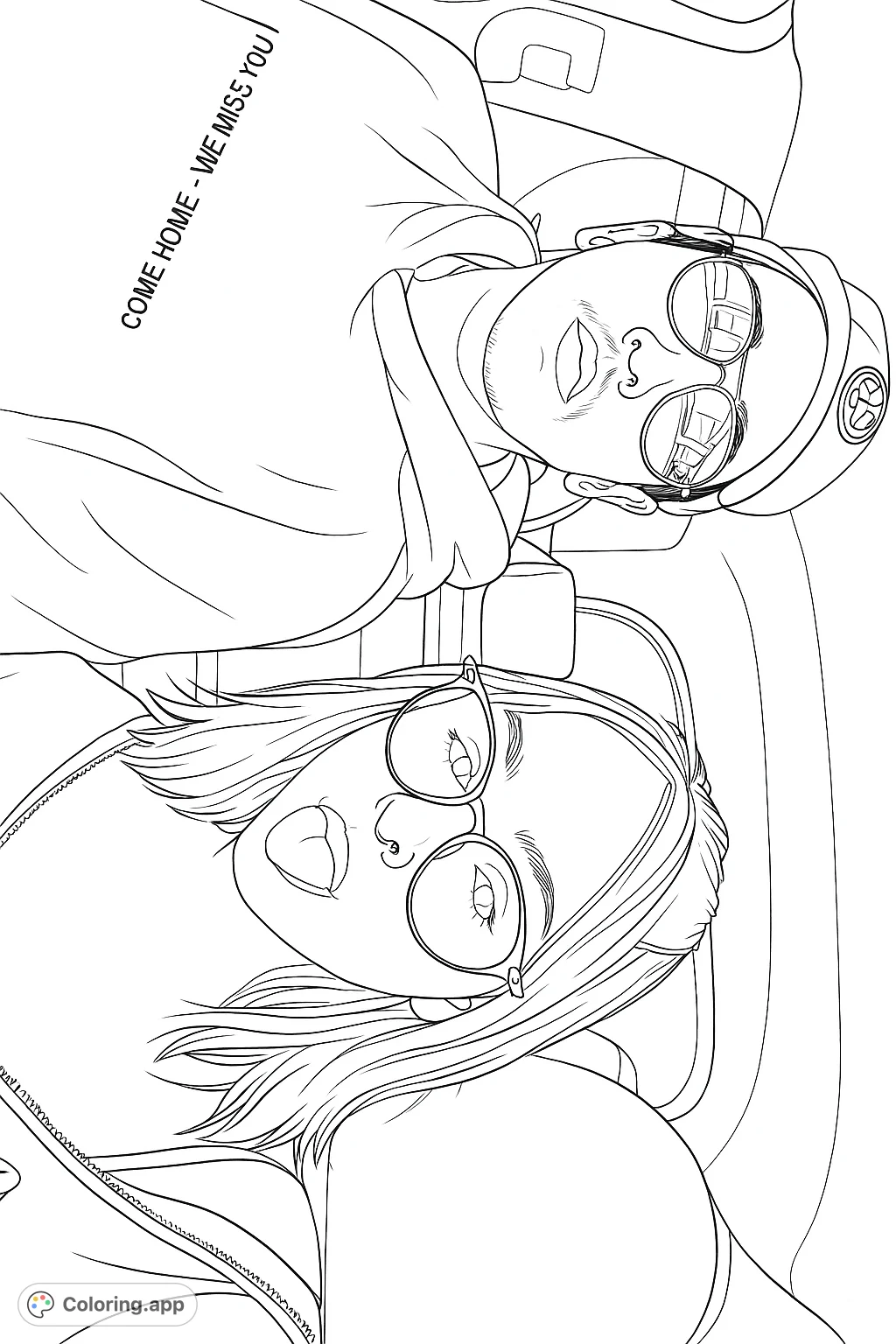 Capture a candid moment of two friends on a road trip, featuring distinctive glasses, unique apparel, and a relaxed car interior scene. A fun duo coloring page.