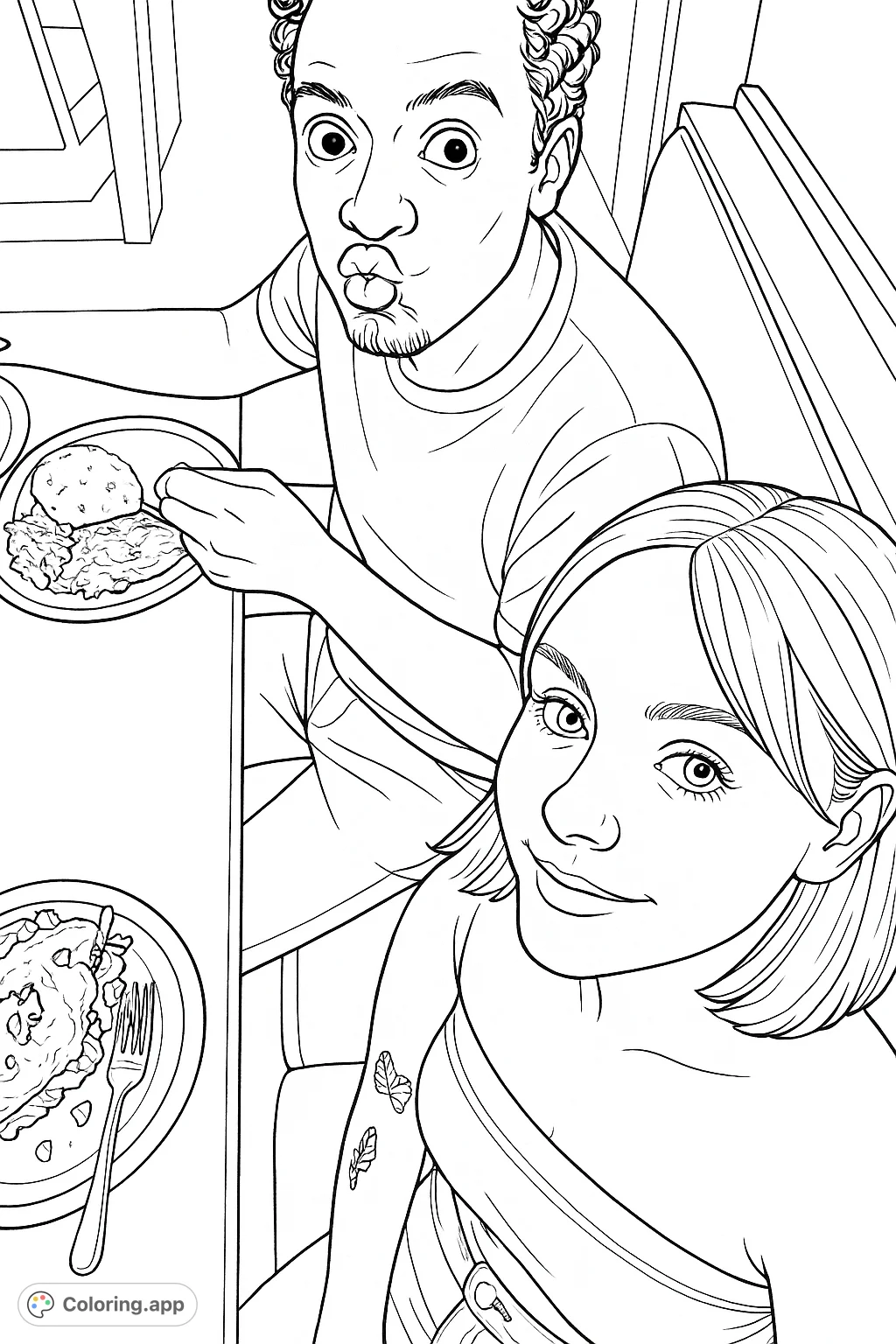 Enjoy a delightful mealtime scene featuring two friends at a restaurant. This charming coloring page captures playful expressions and delicious food, ready for your creative touch.