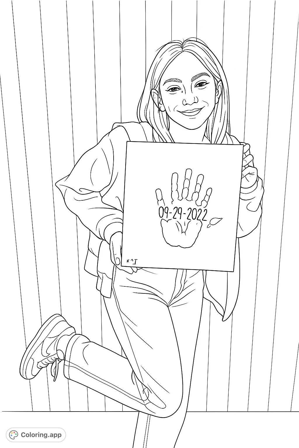 A heartwarming coloring page featuring a smiling youth holding a special handprint canvas with a date, perfect for celebrating cherished memories.