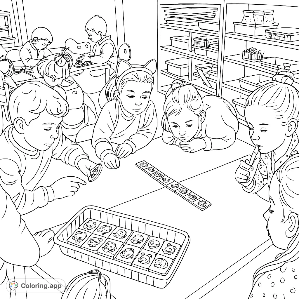 Young children gather at a table, focused on an engaging tabletop game featuring various animal tiles. A delightful scene of learning and play in a classroom.