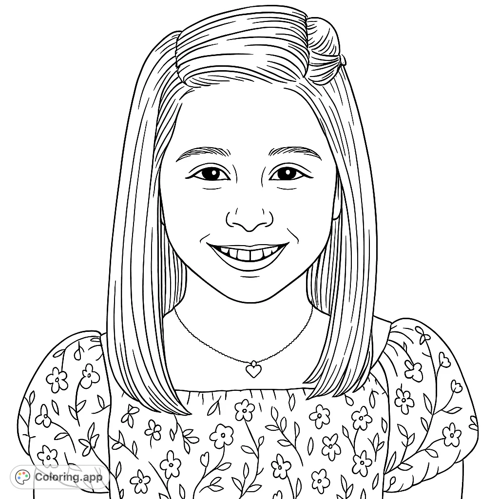 Capture the joy of a smiling young girl in a detailed floral top and heart necklace. A charming portrait for creative expression.