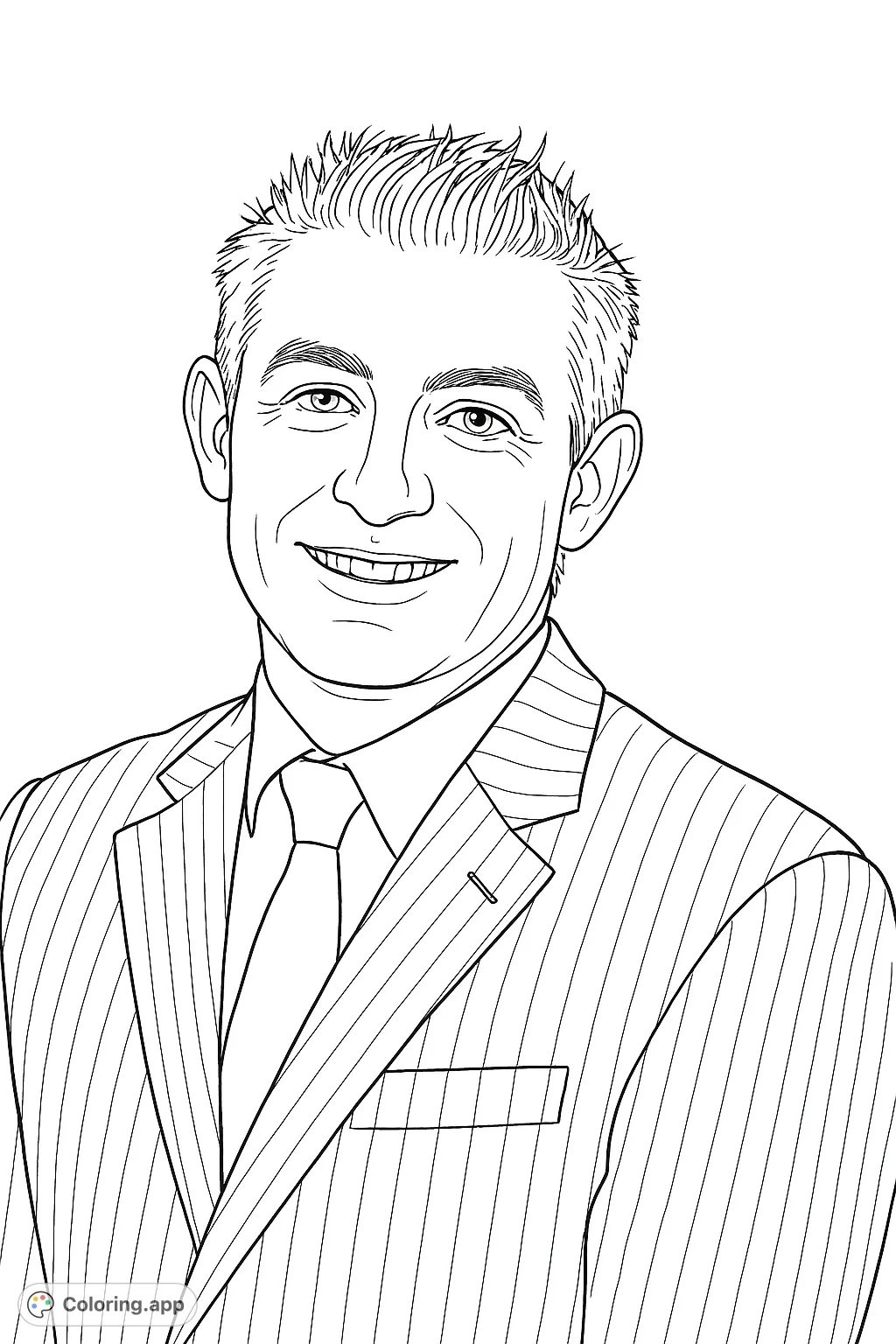 Capture the essence of professionalism with this detailed portrait of a smiling man in a pinstriped suit and tie. A sophisticated coloring page for all ages.