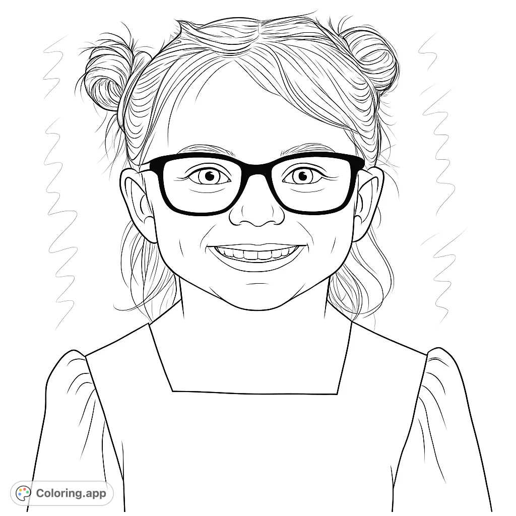 A cheerful child wearing glasses smiles brightly, with unique hair buns and a simple dress. Perfect for a happy portrait coloring page.