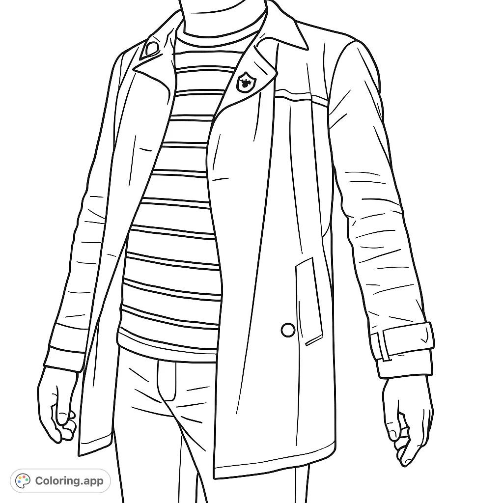 Color a contemporary fashion statement featuring a person in a trench coat, striped shirt, and jeans, perfect for style enthusiasts.