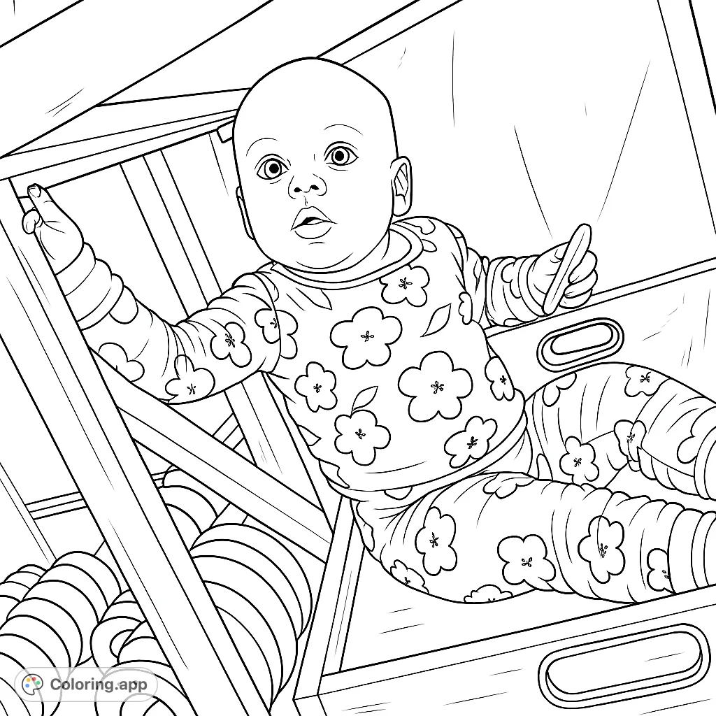 Discover a curious child in floral pajamas, exploring beneath furniture. A delightful scene for playful coloring, perfect for capturing childhood wonder and imagination.