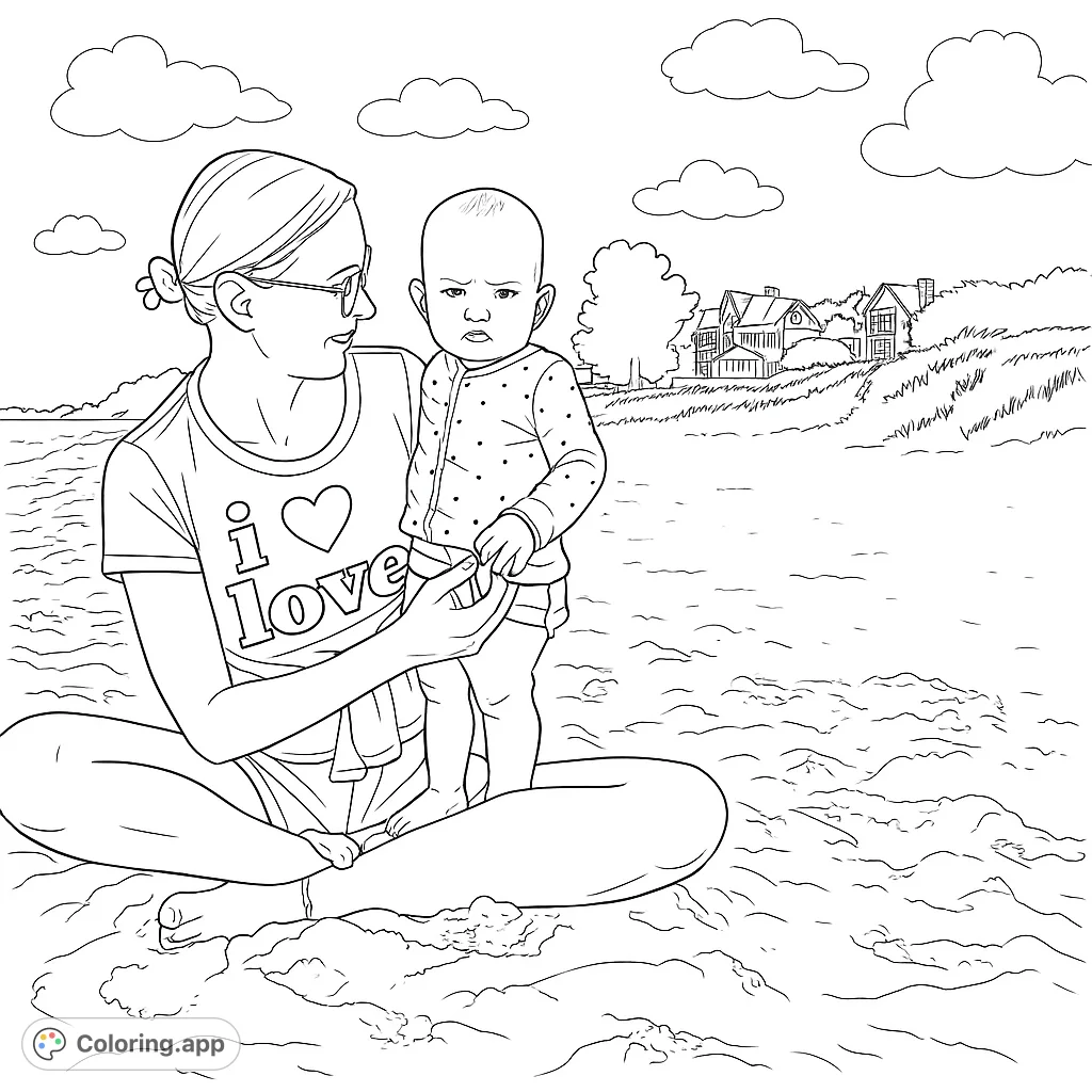 A heartwarming beach scene featuring a woman and a baby, perfect for a relaxing coloring experience. Detailed sand, distant houses, and gentle expressions await your creative touch.