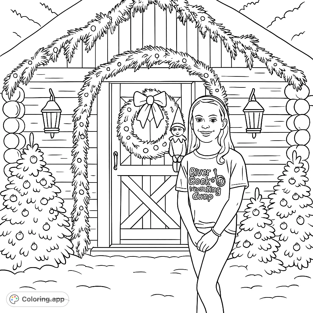 A charming winter scene featuring a cheerful girl and her festive elf friend standing before a cozy, snow-covered log cabin adorned with garlands and glowing lanterns.