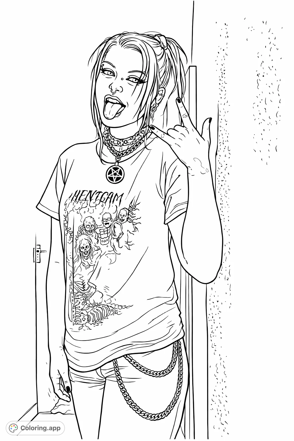 An edgy individual with elaborate piercings and a graphic tee making a rock-and-roll hand gesture, set against a simple interior background.