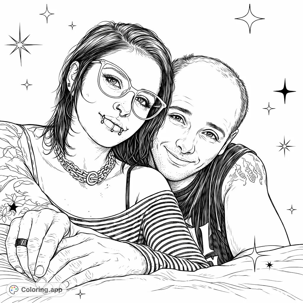 An intimate portrait of a couple in a close embrace, featuring detailed facial expressions, piercings, a unique choker, and arm tattoos. Perfect for expressive coloring.