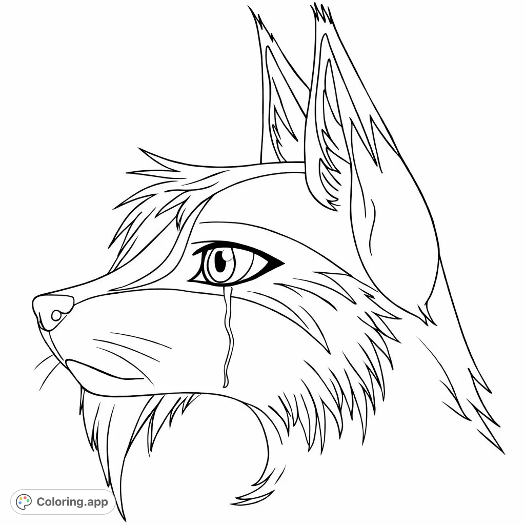 Unleash your creativity with this mystic wolf spirit coloring page. Features a stylized profile with unique facial markings and intricate fur details.