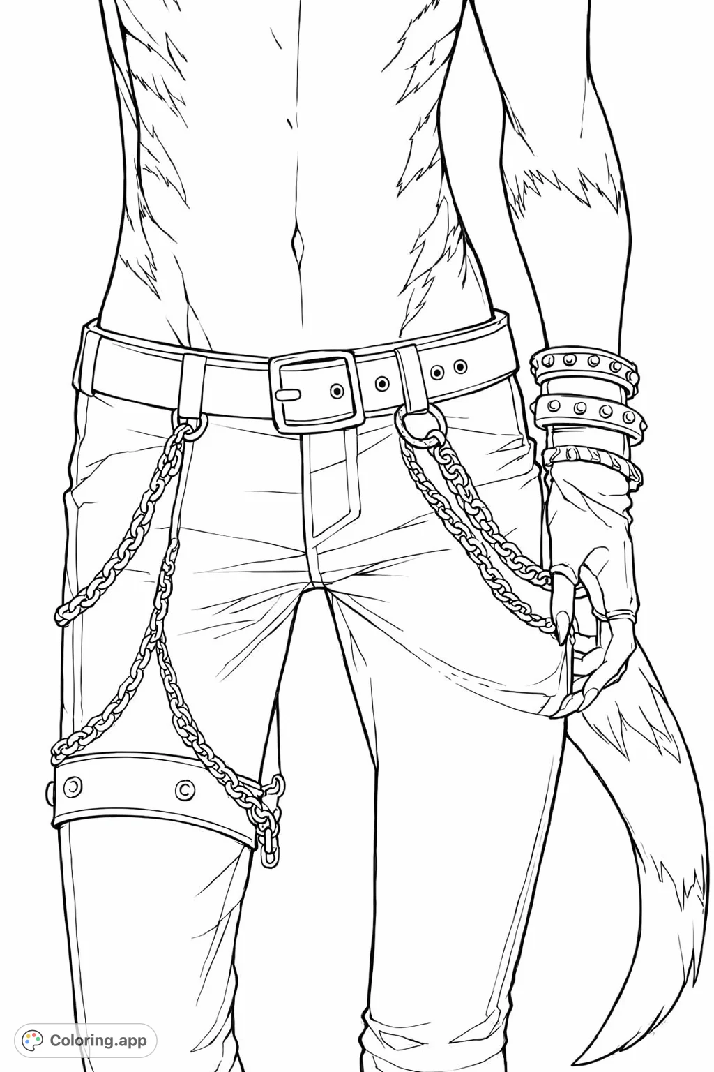 Color a dynamic patterned character with stylish pants, intricate chains, and studded accessories. A challenge for detailed coloring!
