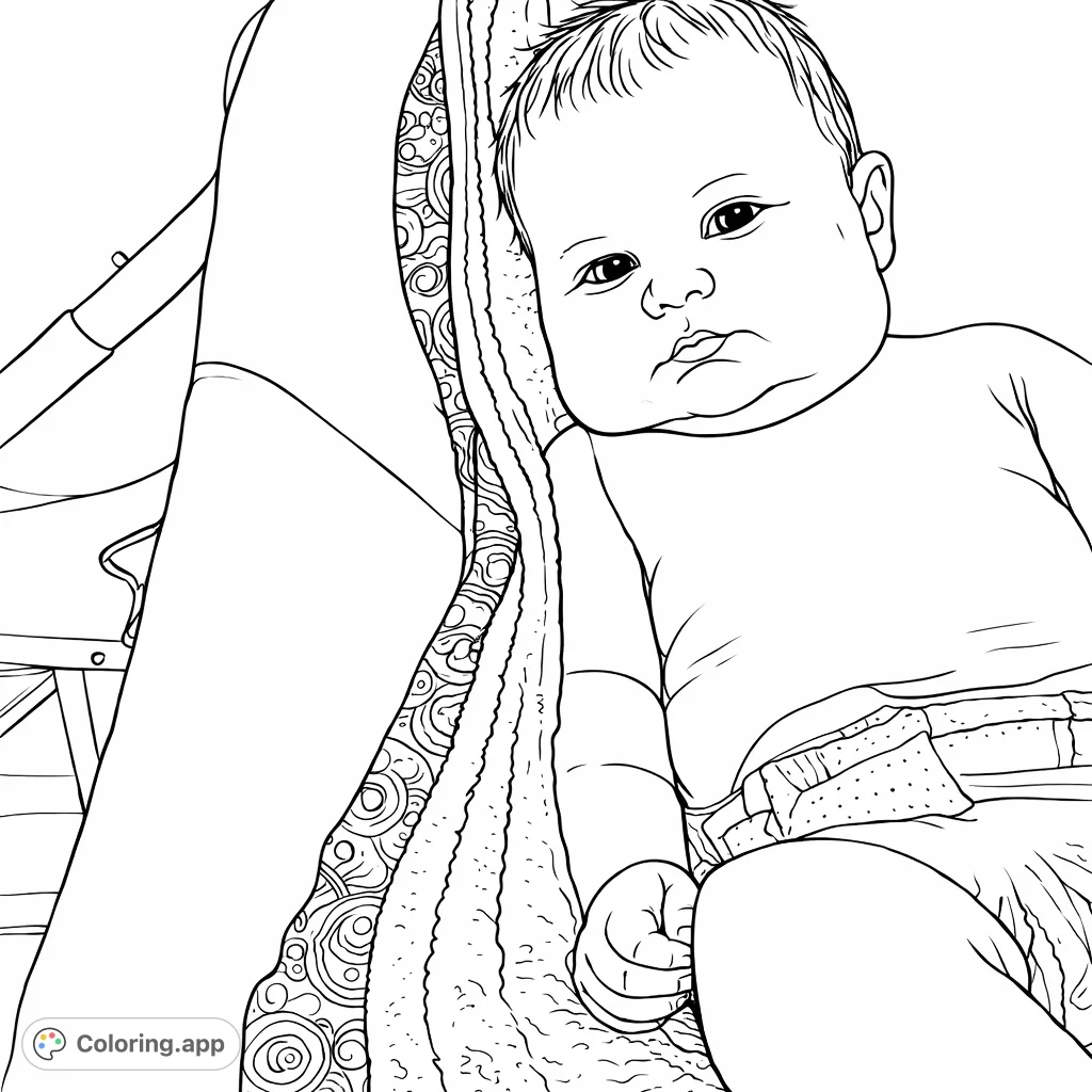 Capture the innocence of a sweet baby. This charming portrait features a peaceful infant lying on a soft blanket, perfect for tender coloring moments.