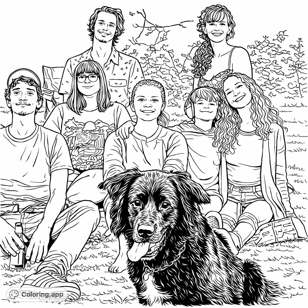Gather with loved ones and a loyal canine companion in this heartwarming group portrait. Perfect for celebrating family bonds and shared outdoor moments.