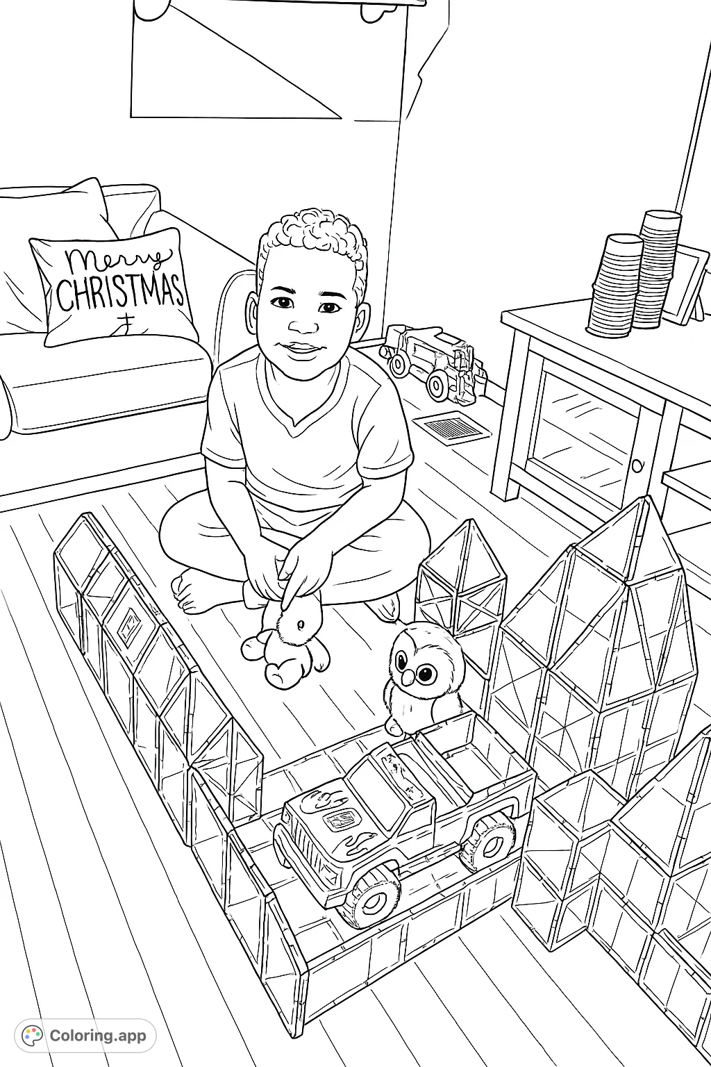 A happy child creates an amazing magnetic tile world, featuring a toy truck and plush companions. Perfect for sparking imagination and creative play.