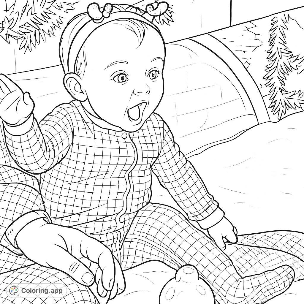 Capture the delight of a baby in a festive checkered sleeper and reindeer antlers. A heartwarming scene perfect for celebrating holidays and family.