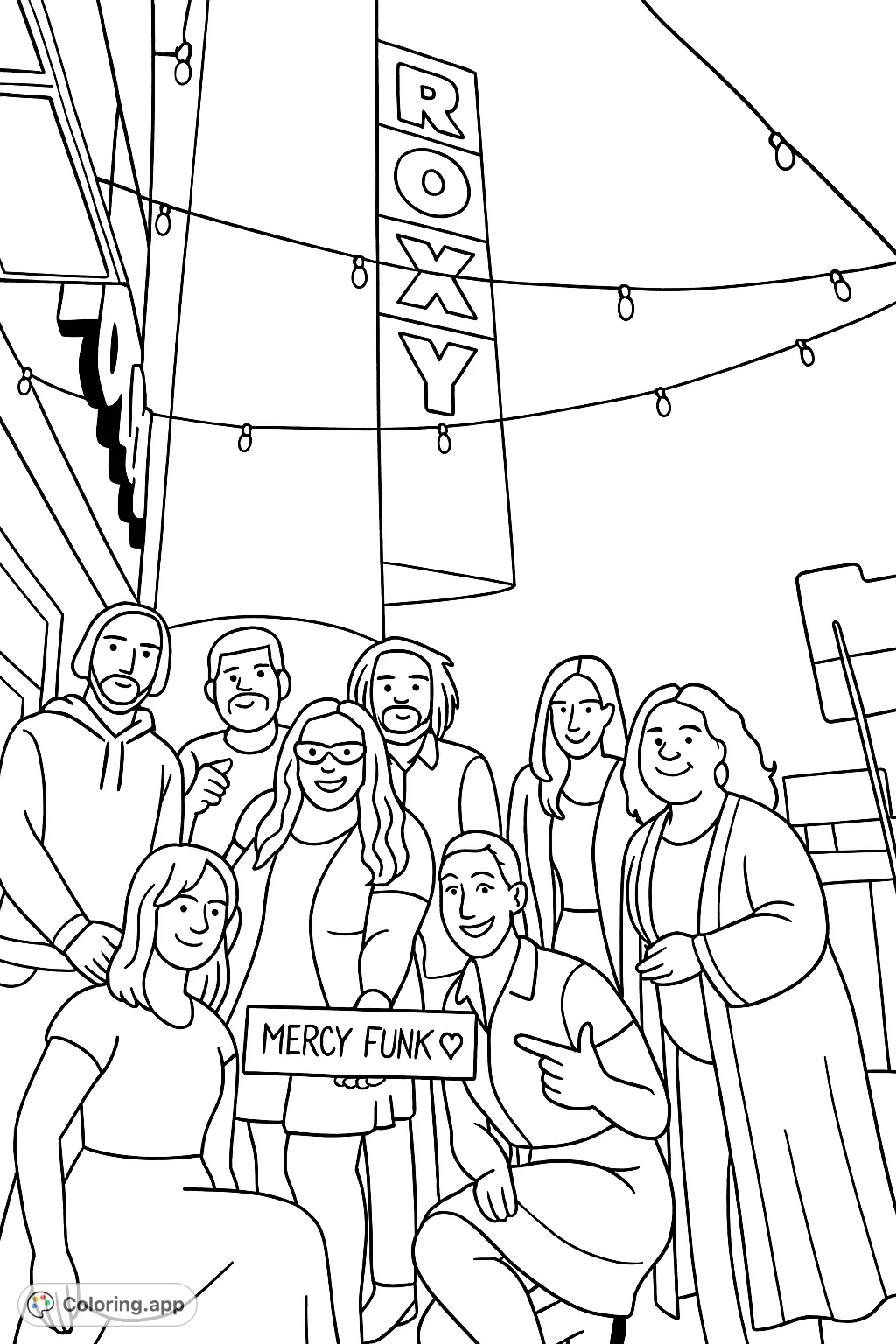 Celebrate community with this fun group portrait coloring page. Featuring eight smiling individuals in front of the iconic Roxy building, perfect for all ages.