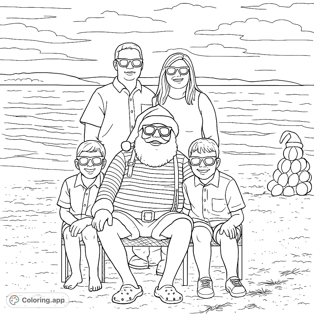 Join Santa and a family for a sunny beach day! This festive coloring page captures a whimsical summer holiday moment by the ocean, perfect for all ages.