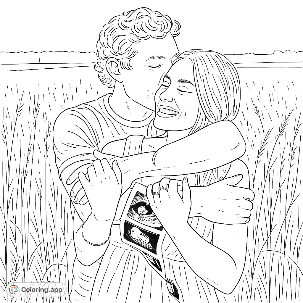 Capture the tender moment of an expecting couple embracing amidst a field, holding ultrasound images. A heartwarming pregnancy announcement coloring page.