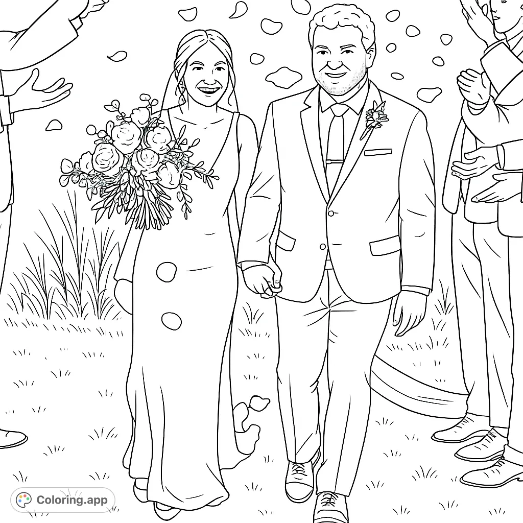 A celebratory scene of a happy couple walking hand-in-hand as delicate petals fall around them, surrounded by loved ones.