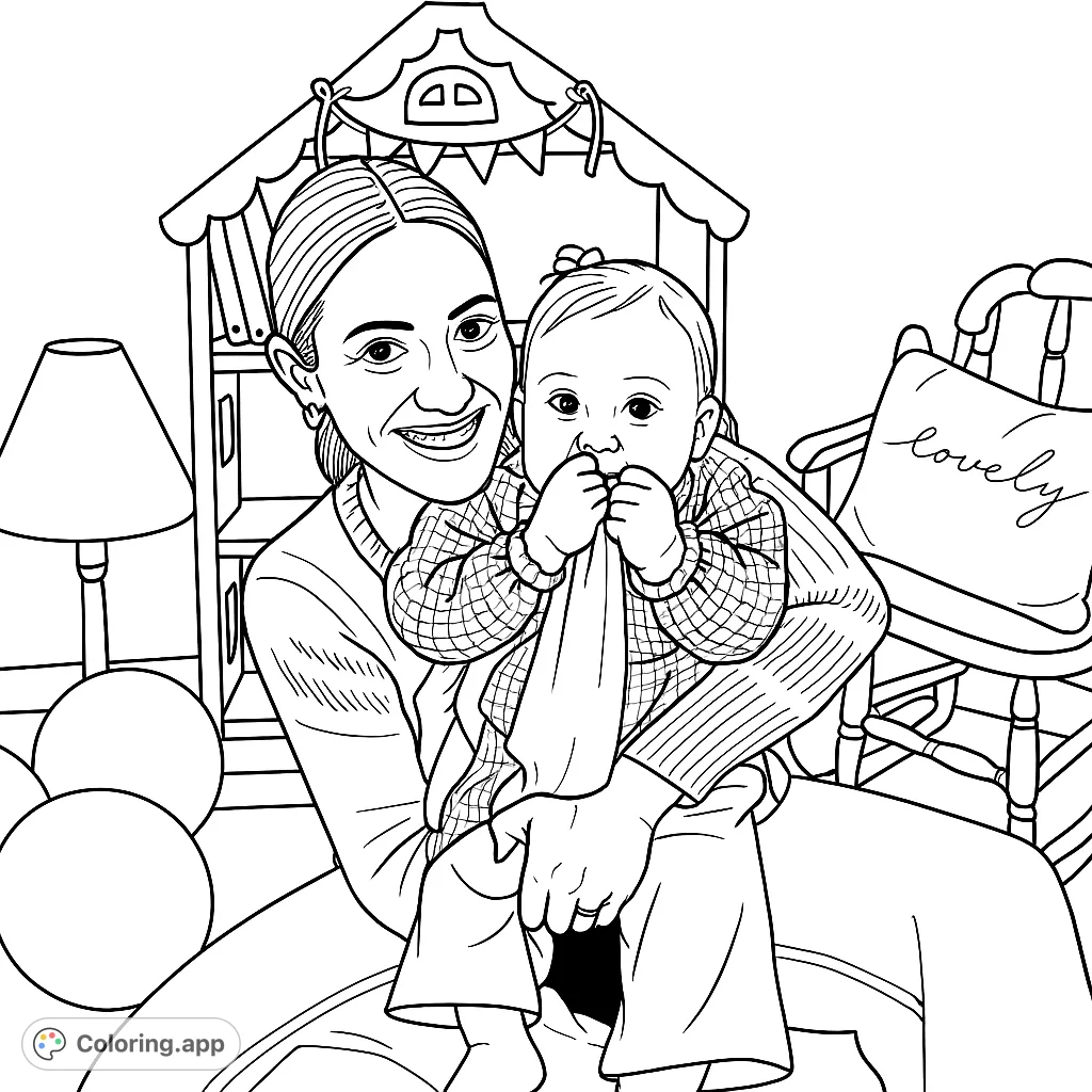 A heartwarming scene featuring a smiling woman embracing a baby in a cozy room with charming details like a dollhouse bookshelf and playful balloons.