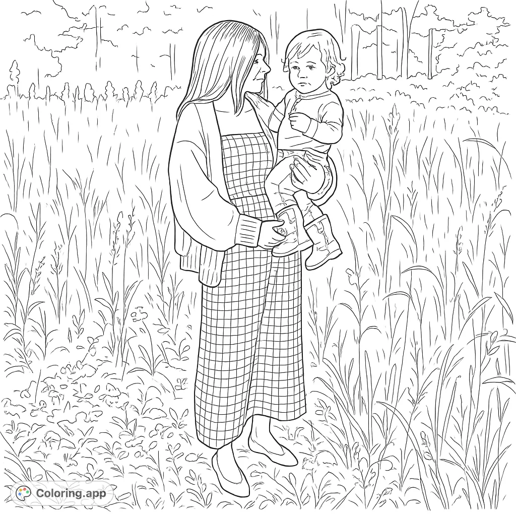 A tender scene featuring an expecting mother holding her toddler in a serene field. Captures the warmth of family and natural beauty.