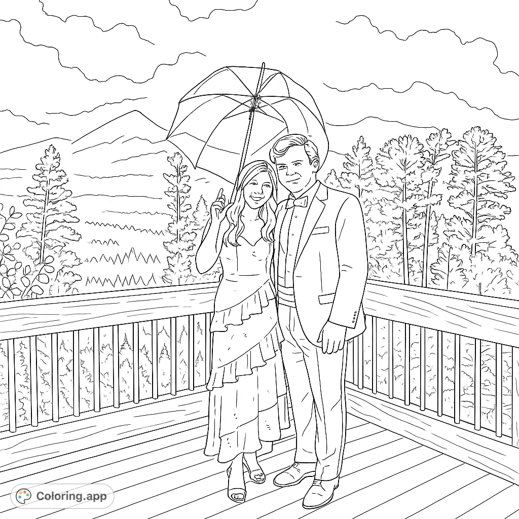 A joyful couple stands on a scenic mountain deck, sheltering under a clear umbrella amidst a pine forest and majestic peaks. Perfect for a serene coloring experience.
