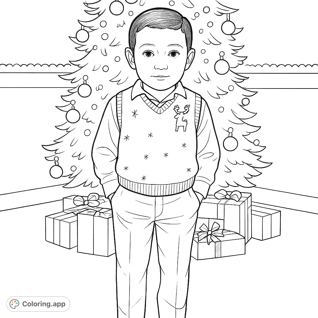 A charming holiday scene featuring a young boy in a festive sweater vest standing proudly before a decorated Christmas tree and neatly wrapped presents.