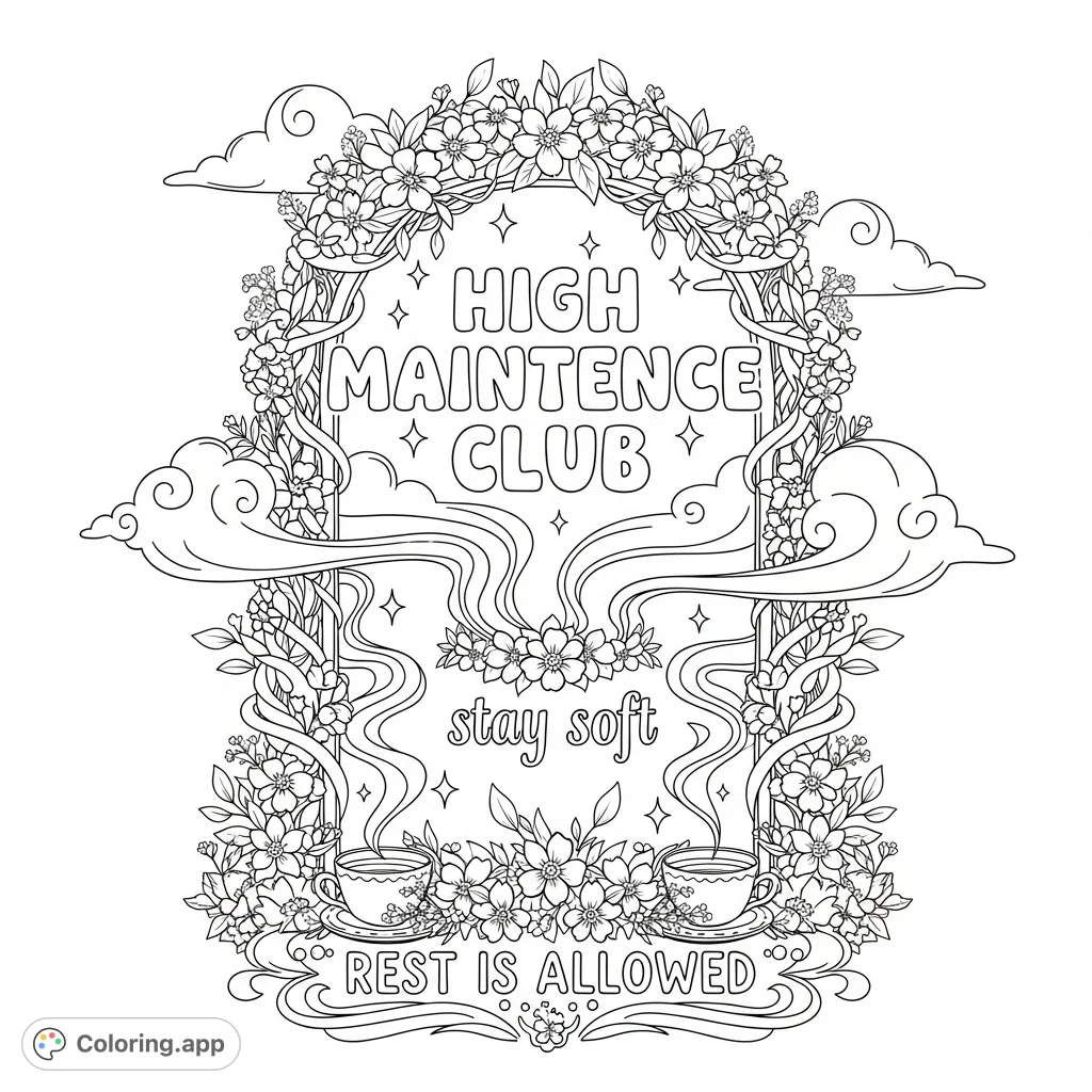 An elegant floral archway frames uplifting phrases 'HIGH MAINTENCe CLUB', 'stay soft', and 'REST IS ALLOWED', amidst smoke, clouds, and stars.