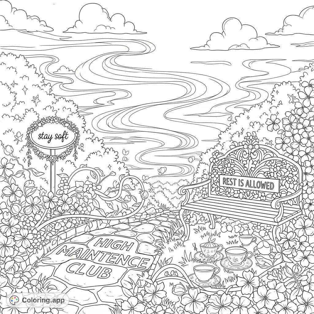 Explore a whimsical garden coloring page with enchanting flowers, a serene bench, and inspiring messages. A detailed free printable for mindful relaxation and creative expression.