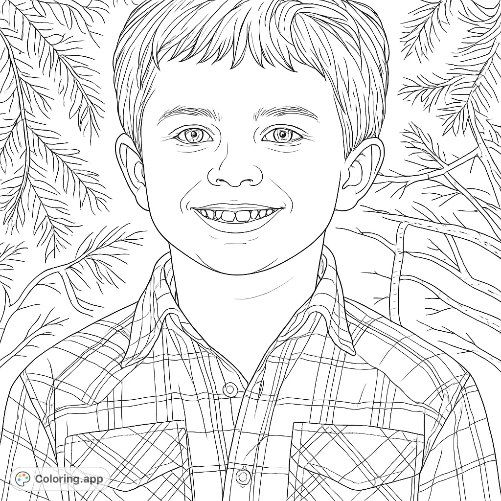 Capture a joyful young boy with a bright smile in a patterned shirt, set against a natural backdrop. Perfect for bringing youthful charm to life.